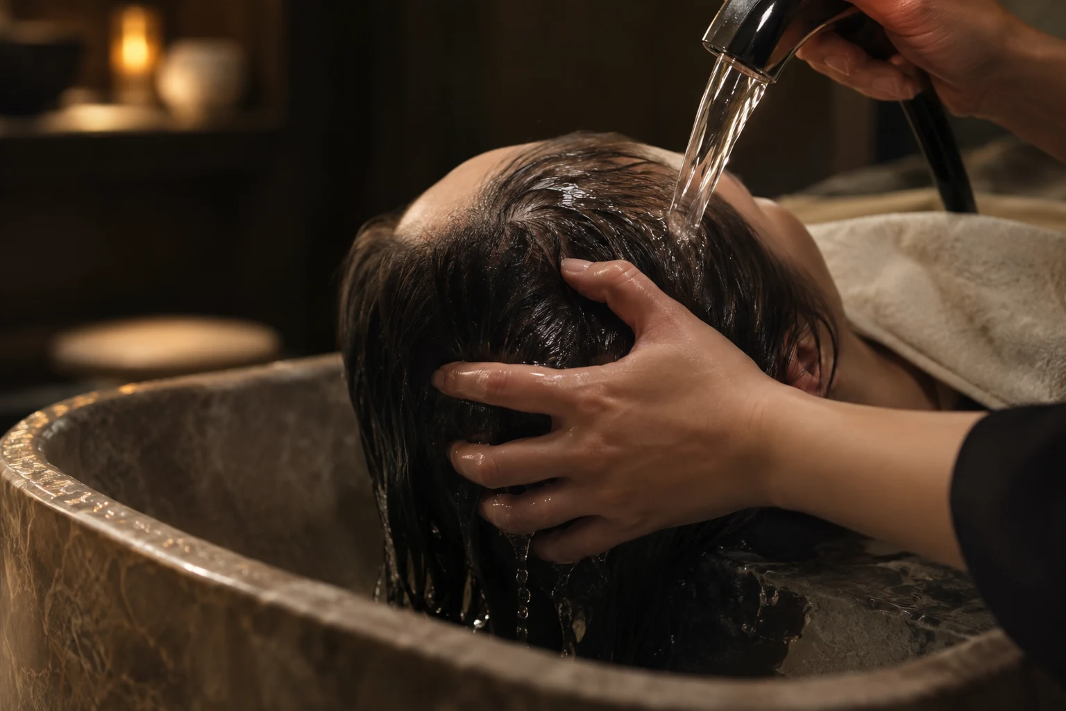 Close-up of scalp care at a head-spa basin